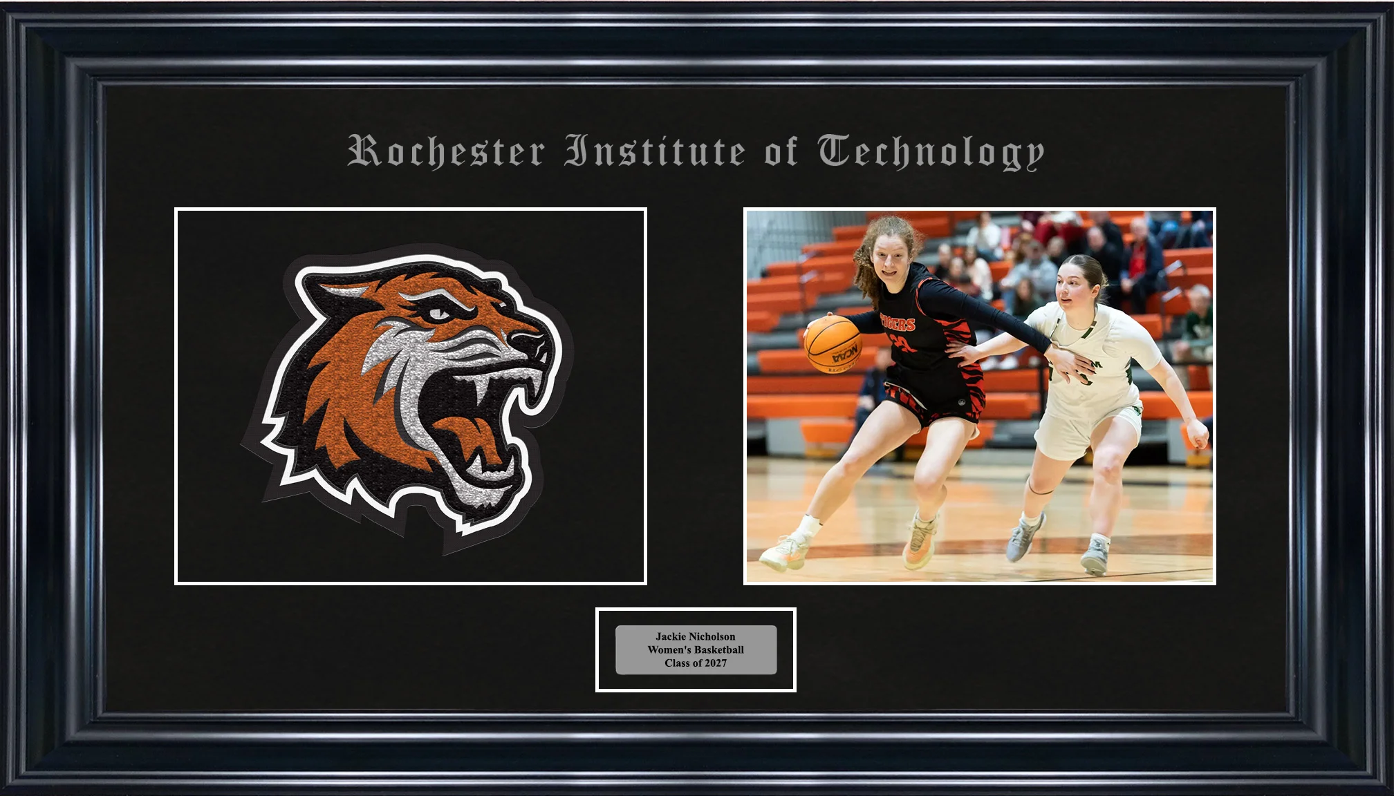 26×14 Solid Wood Display Satin Black Frame w/ Hot stamping of School Wordmark & Silver Plate